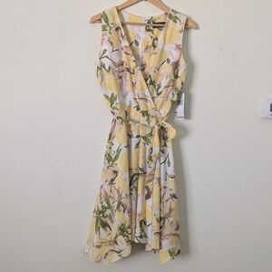 DN Designs Floral Wrap Midi Dress, Size 12 Yellow Green NWT